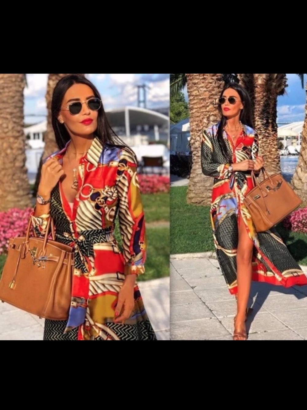 Zara scarf print midi maxi satin long sleeve button down shirt dress
